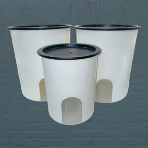 Tupperware One Touch Reminder Canister Set 3 Black Seals White USA 2418B 2422B